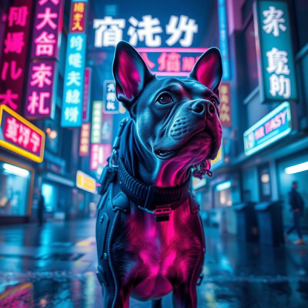 A city street at night with neon signs and advertisements