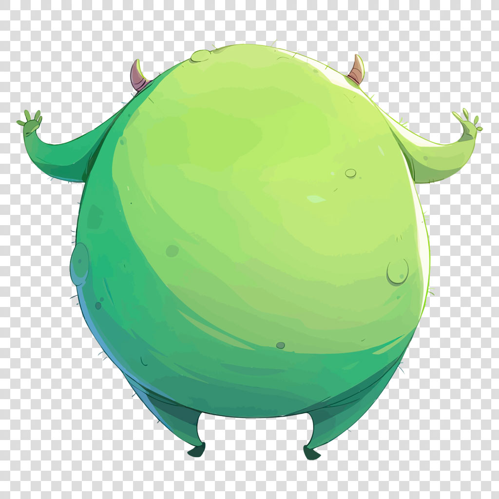 A cartoon illustration of a green monster with horns and a round body
