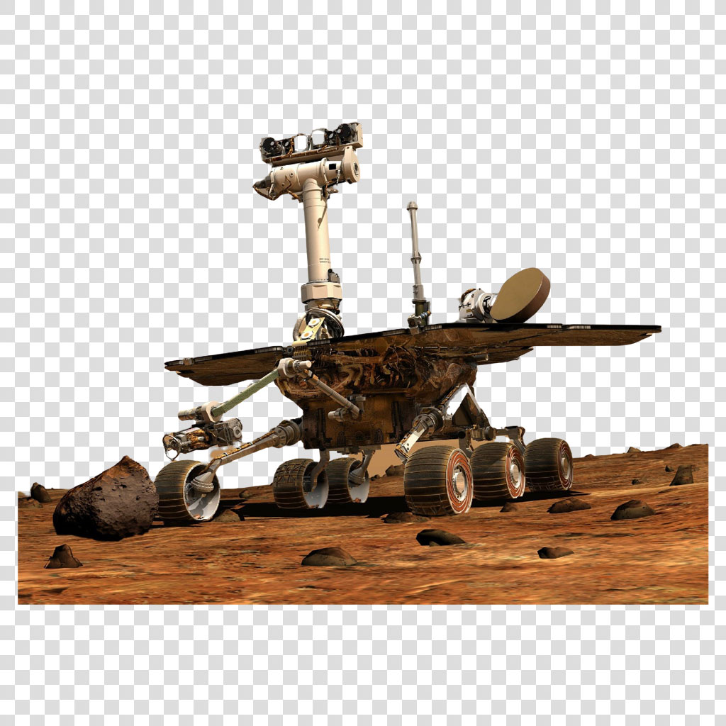 A detailed model of a Mars rover on a rocky terrain