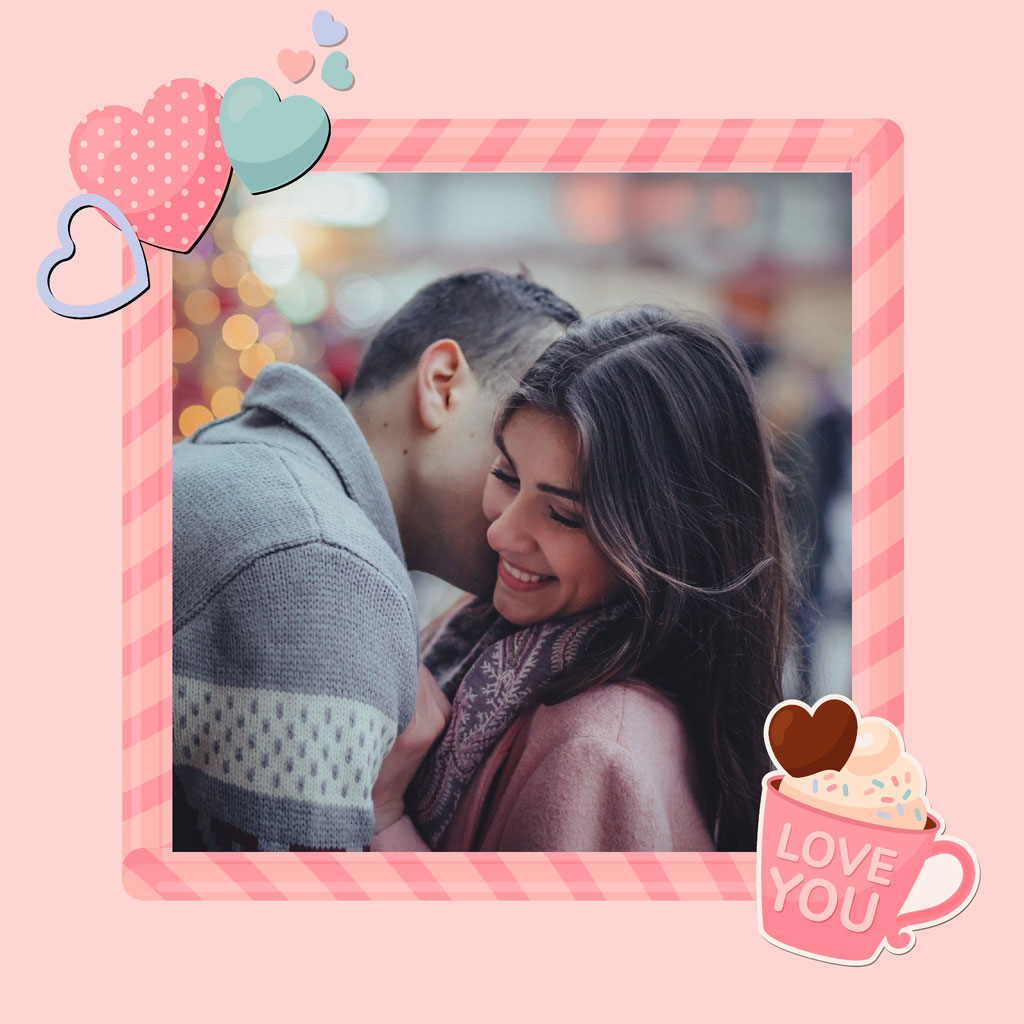 Couple embracing with hearts and love decorations around them