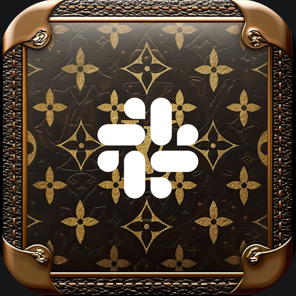 Gold icon on a black and gold patterned background