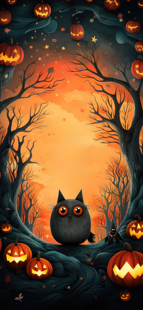 A cartoon black cat with orange eyes on a tree branch surrounded by pumpkins and bare trees.