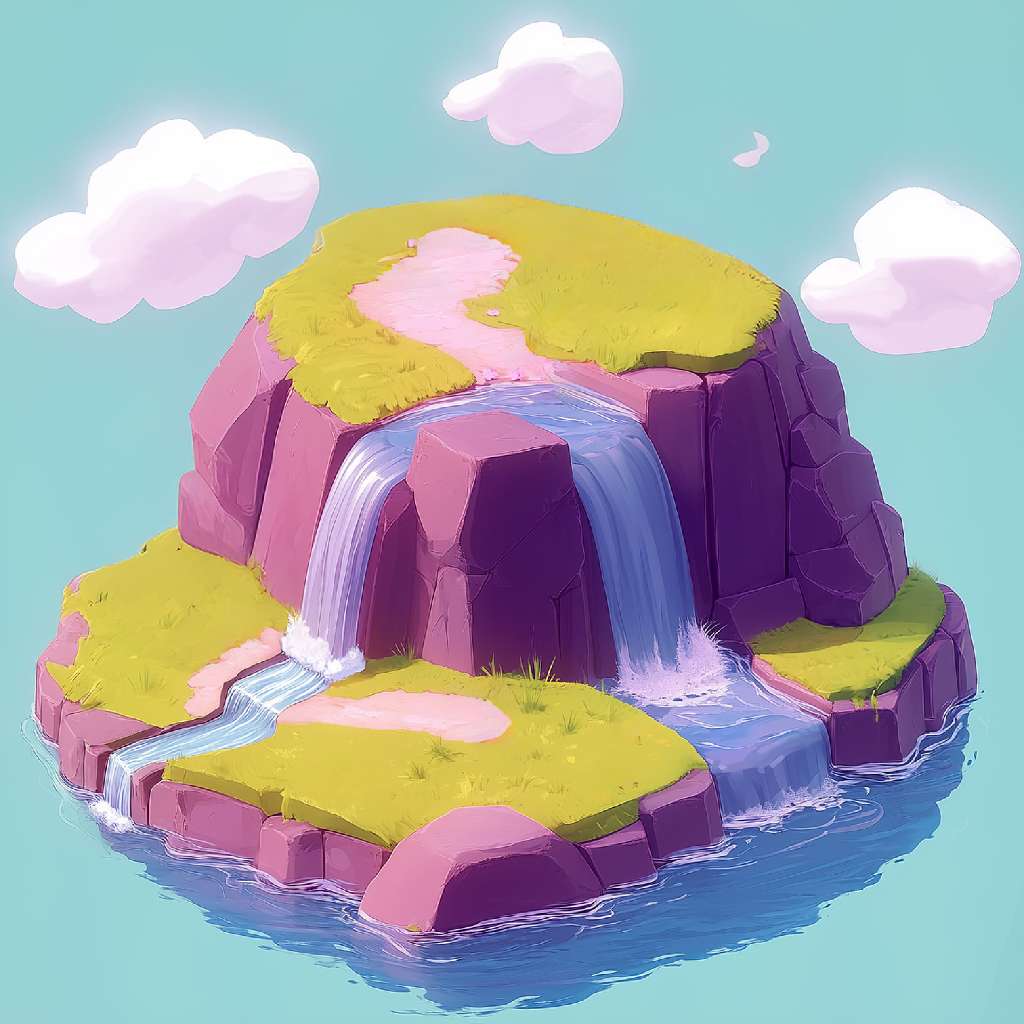 A cartoon-style illustration of a small island with a waterfall cascading down its sides into the surrounding water.