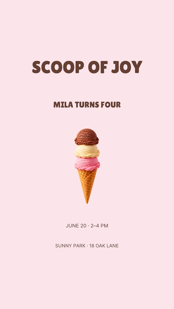 Pink portrait birthday story with stacked ice cream cone and party details.