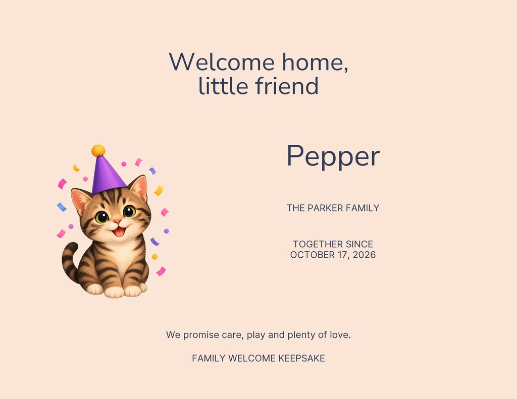 Preview for Welcome Home Little Friend Keepsake Certificate Template