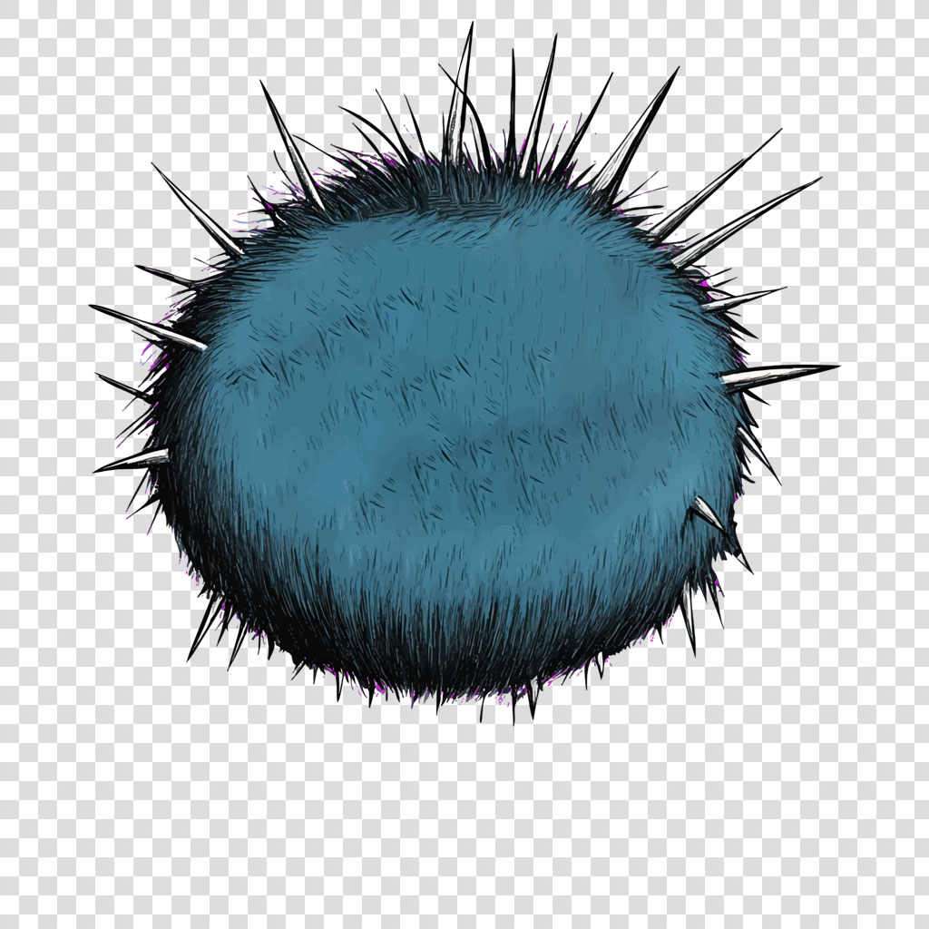 A blue, fuzzy, round object with black spikes and fur.