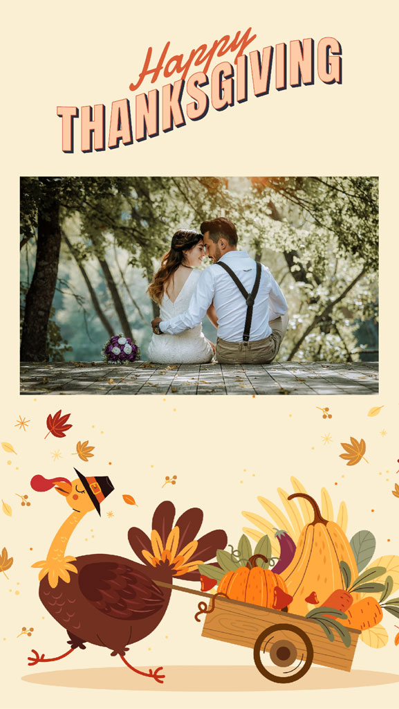Couple sitting together on a wooden deck surrounded by trees, with a cartoon turkey and harvest elements below.