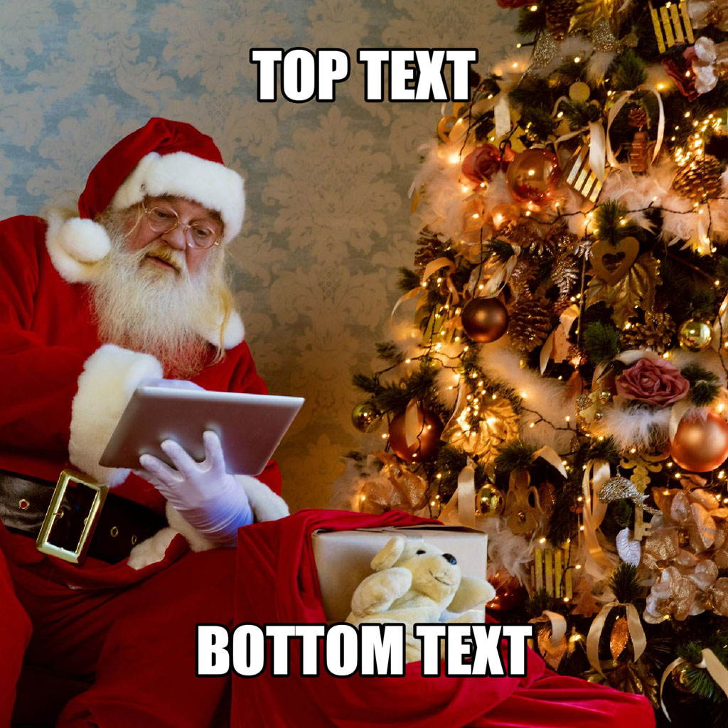 Santa Claus holding a tablet next to a Christmas tree with a laptop and teddy bear