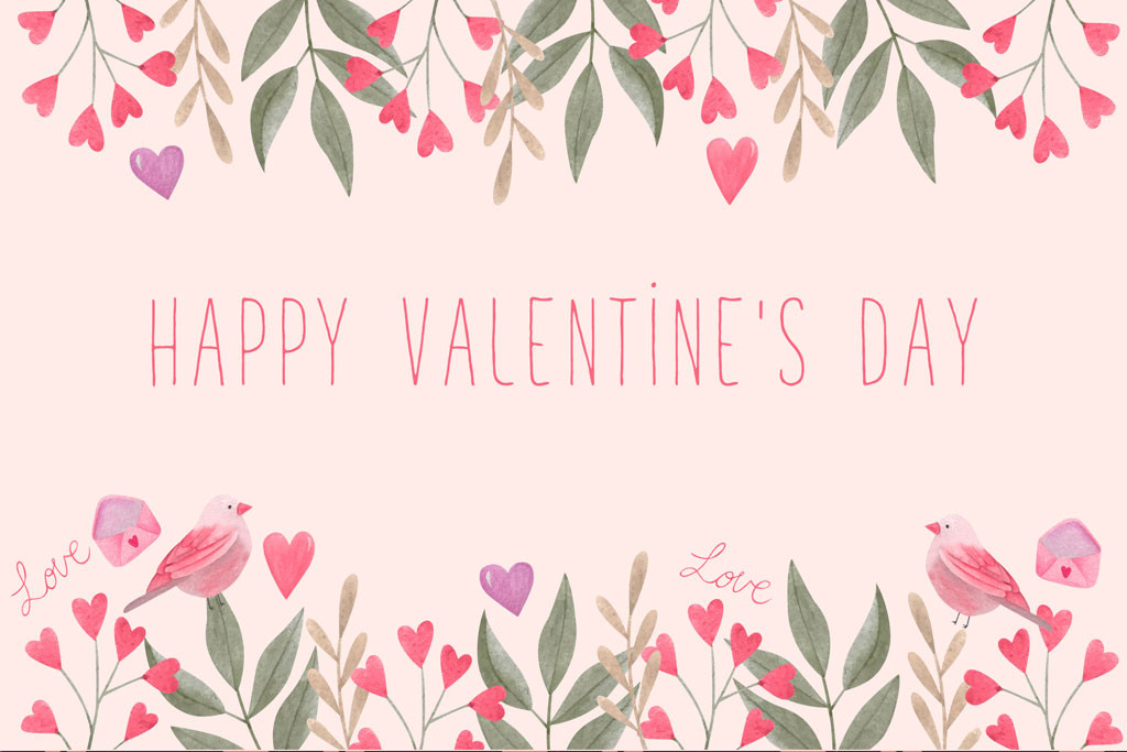 Valentine's Day greeting with watercolor hearts and birds