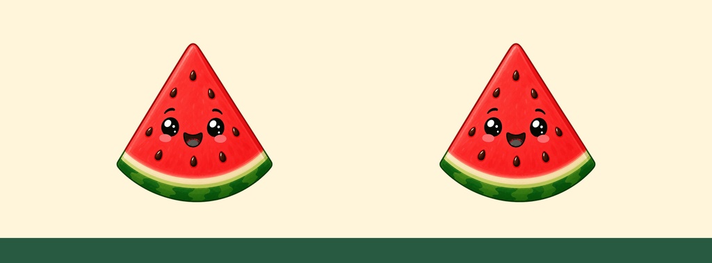 Two smiling watermelon slices on a cream background with a green bottom band.