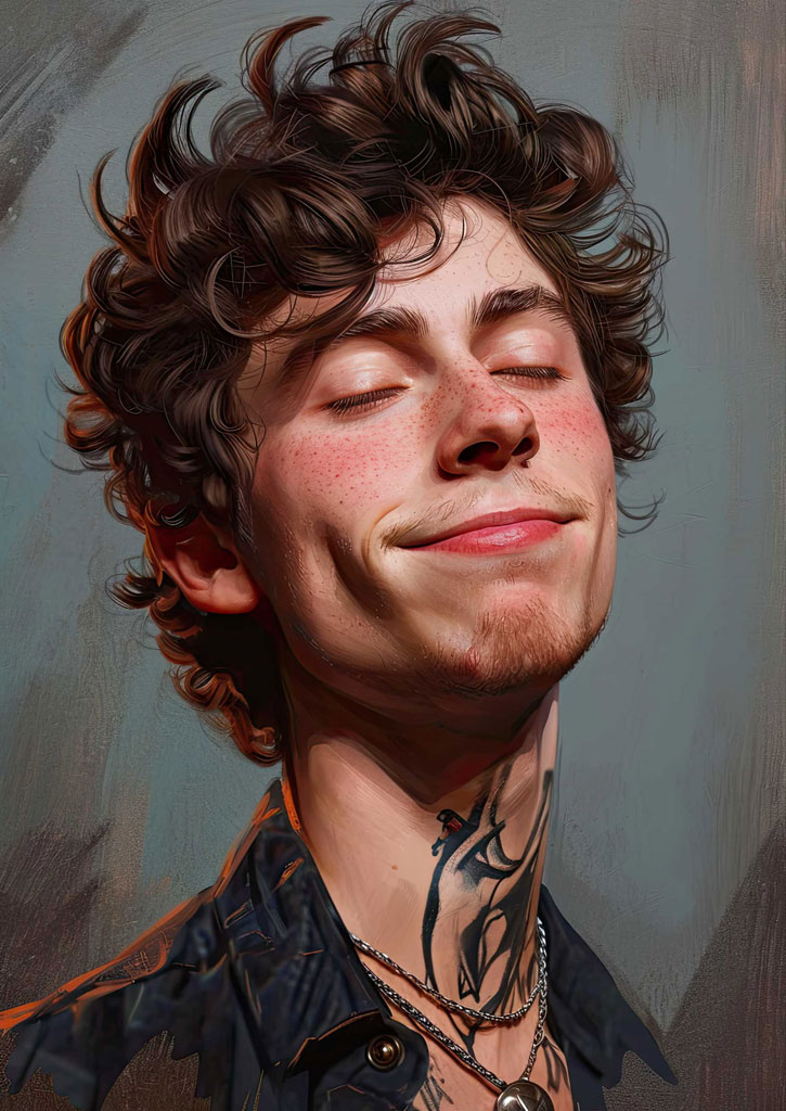 A young man with curly brown hair and a tattoo on his neck, eyes closed, wearing a dark shirt and silver necklaces.