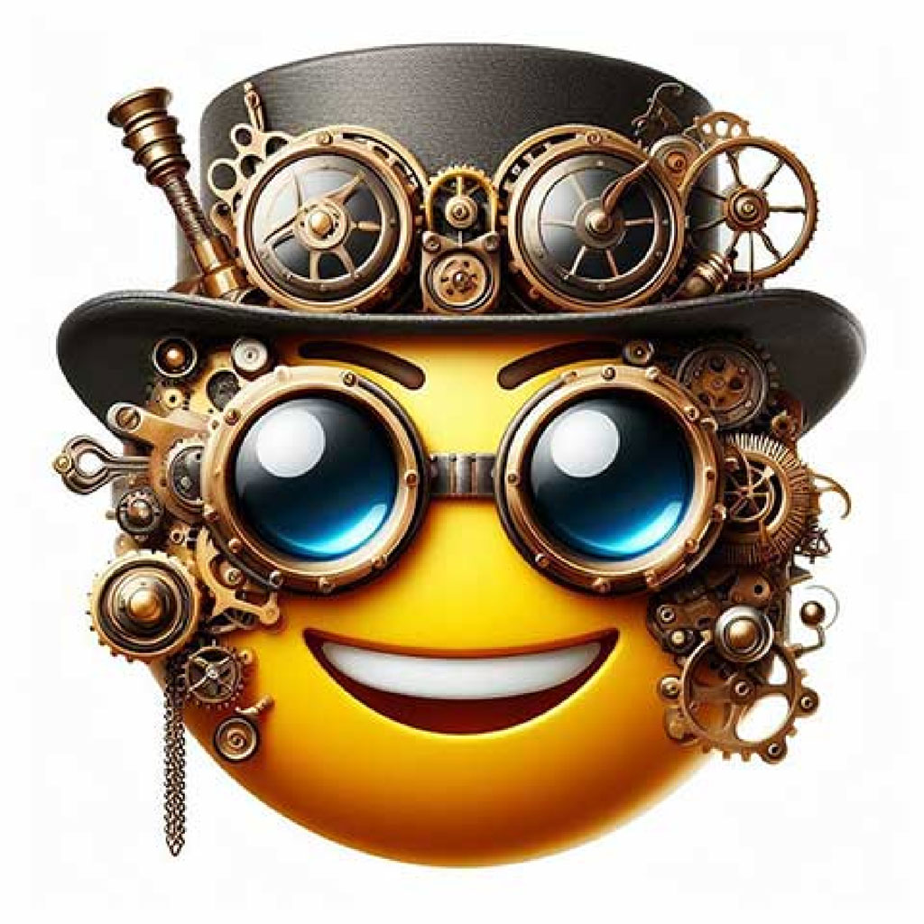 A yellow smiley face with steampunk accessories