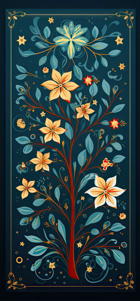 Stylized tree with yellow flowers and blue leaves on a dark teal background.