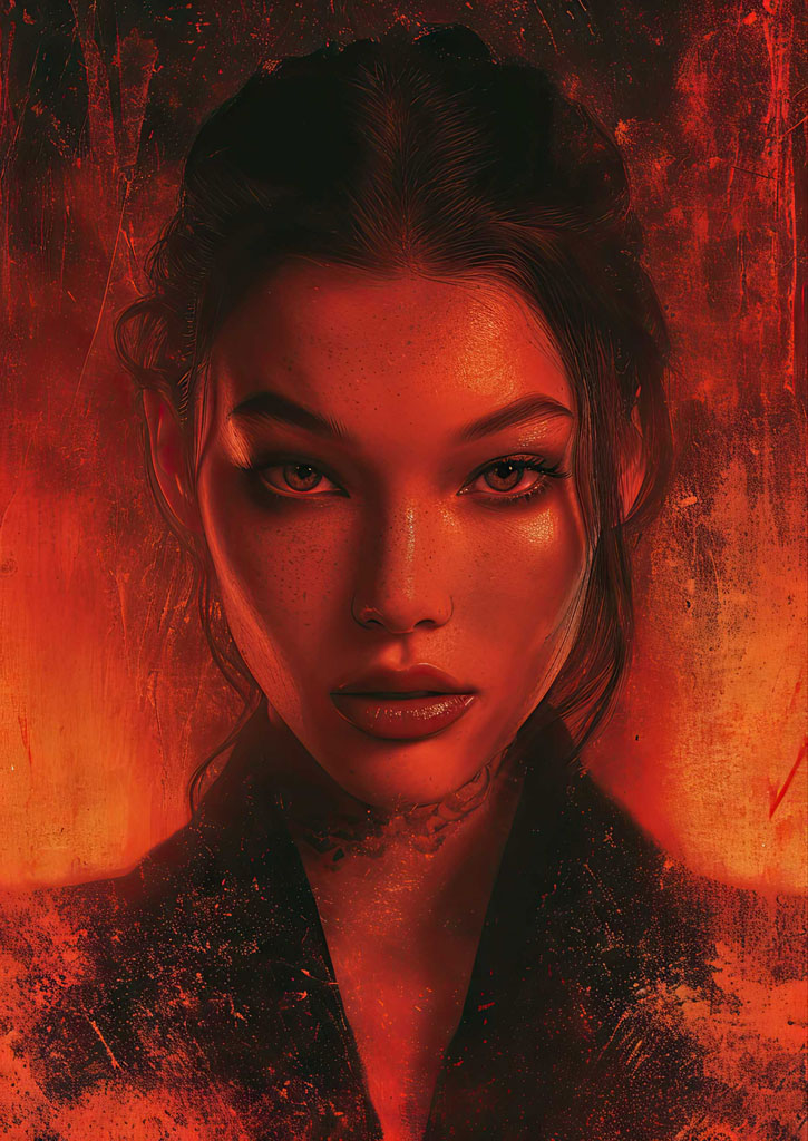 A woman with dark hair and piercing eyes against a red background.