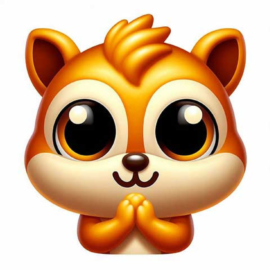 A smiling cartoon squirrel with large eyes and a fluffy tail