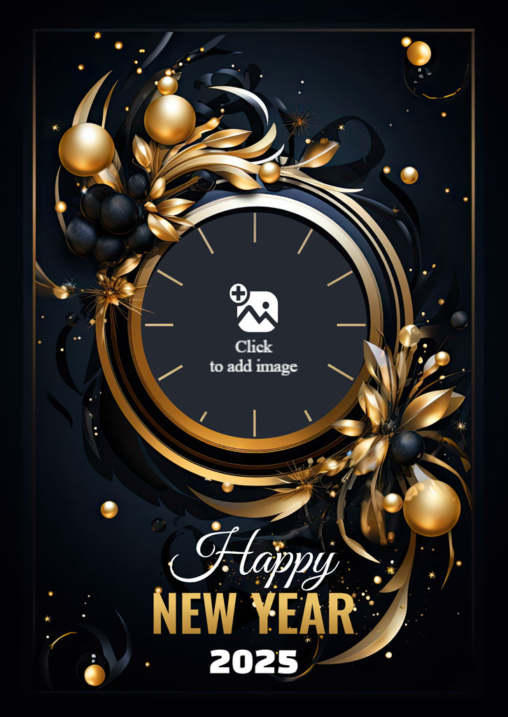 Happy New Year 2025 design with clock and gold decorations
