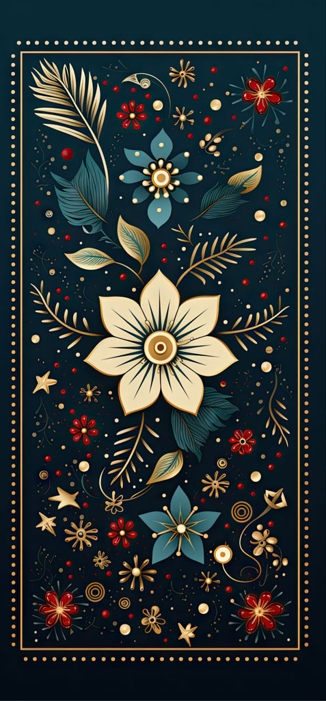 A decorative floral pattern with gold, blue, and red flowers.