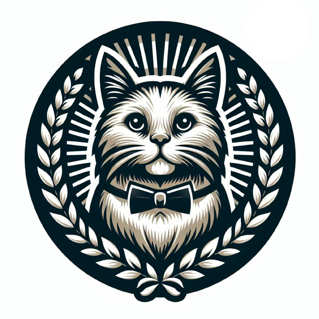 Illustration of a cat in a tuxedo within a decorative circular border
