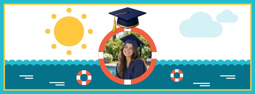Smiling graduate portrait inside a life preserver with a cap, pool waves, sun, and clouds