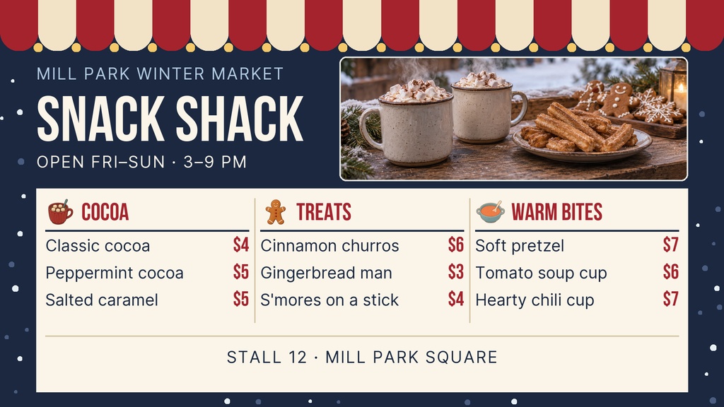 Preview for Winter Market Snack Shack Digital Menu Board Template