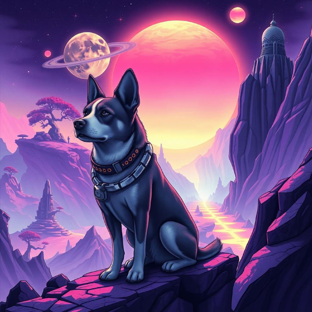 A digital artwork depicting a futuristic fantasy landscape with a castle, mountains, and celestial bodies.