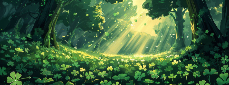 A mystical forest with a carpet of clover and a glowing pathway
