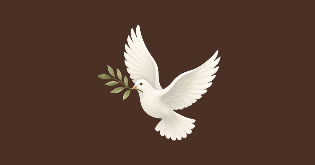 White dove carrying an olive branch on a brown background.