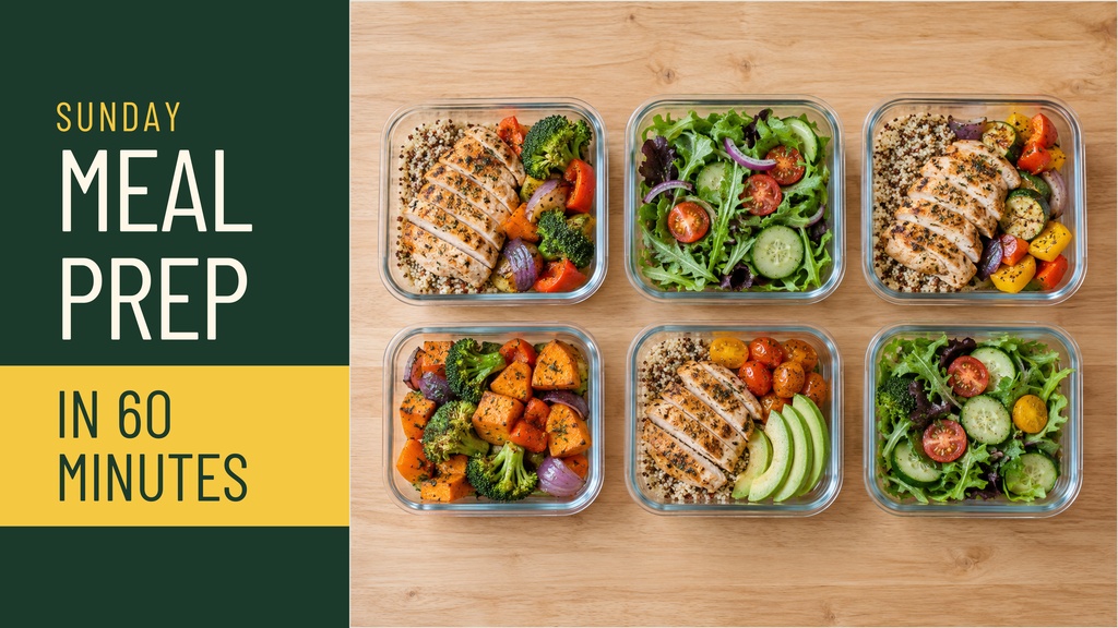Sunday meal prep in 60 minutes thumbnail with six meal prep containers on a wooden table and bold text panel.