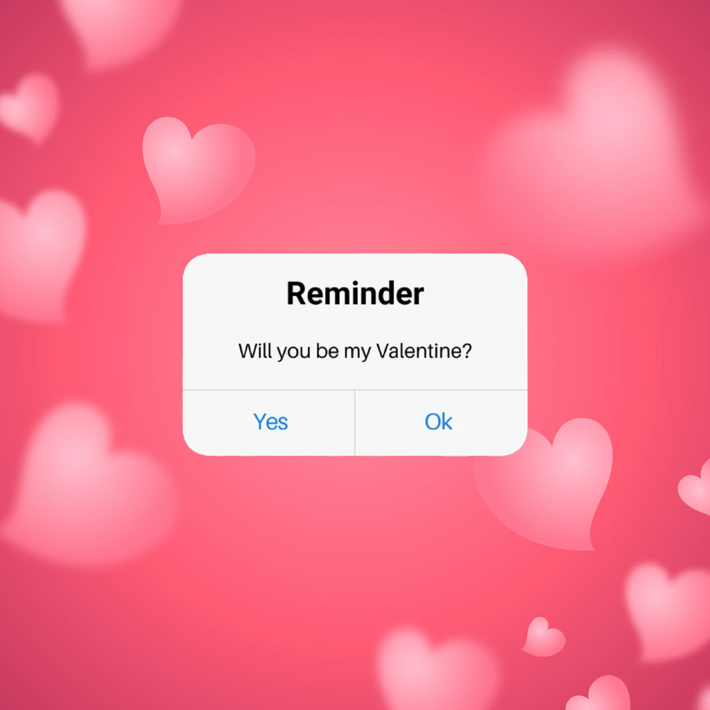 Valentine's Day reminder popup on a pink background with hearts