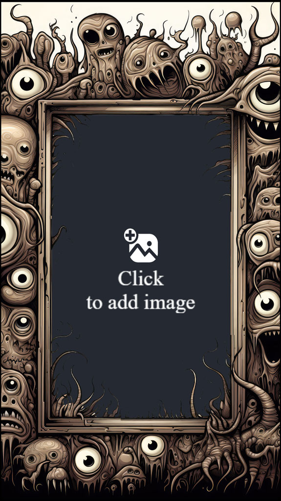 A dark frame surrounded by various monstrous creatures and eyes.