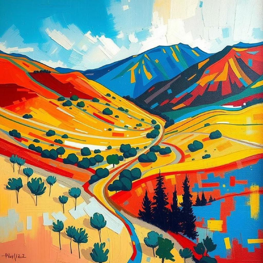 A vibrant landscape painting with rolling hills and mountains.