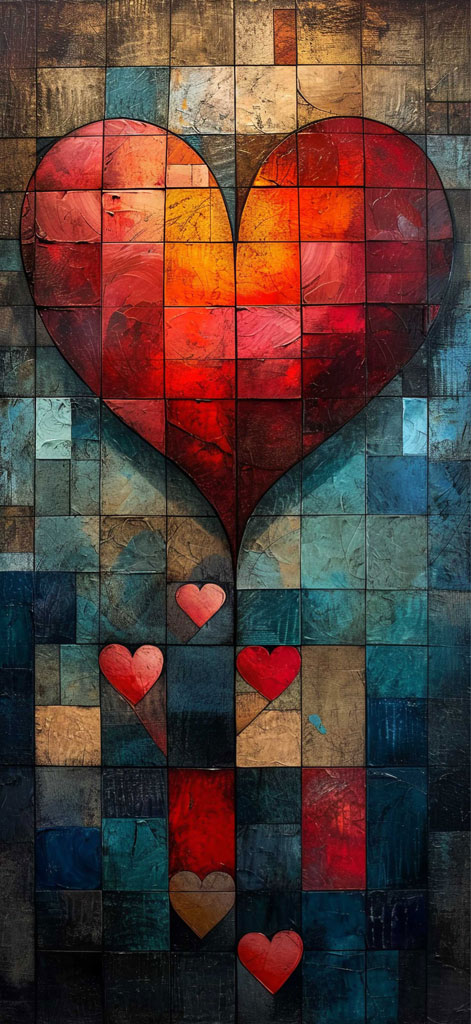 Mosaic heart artwork with smaller hearts on a multicolored background