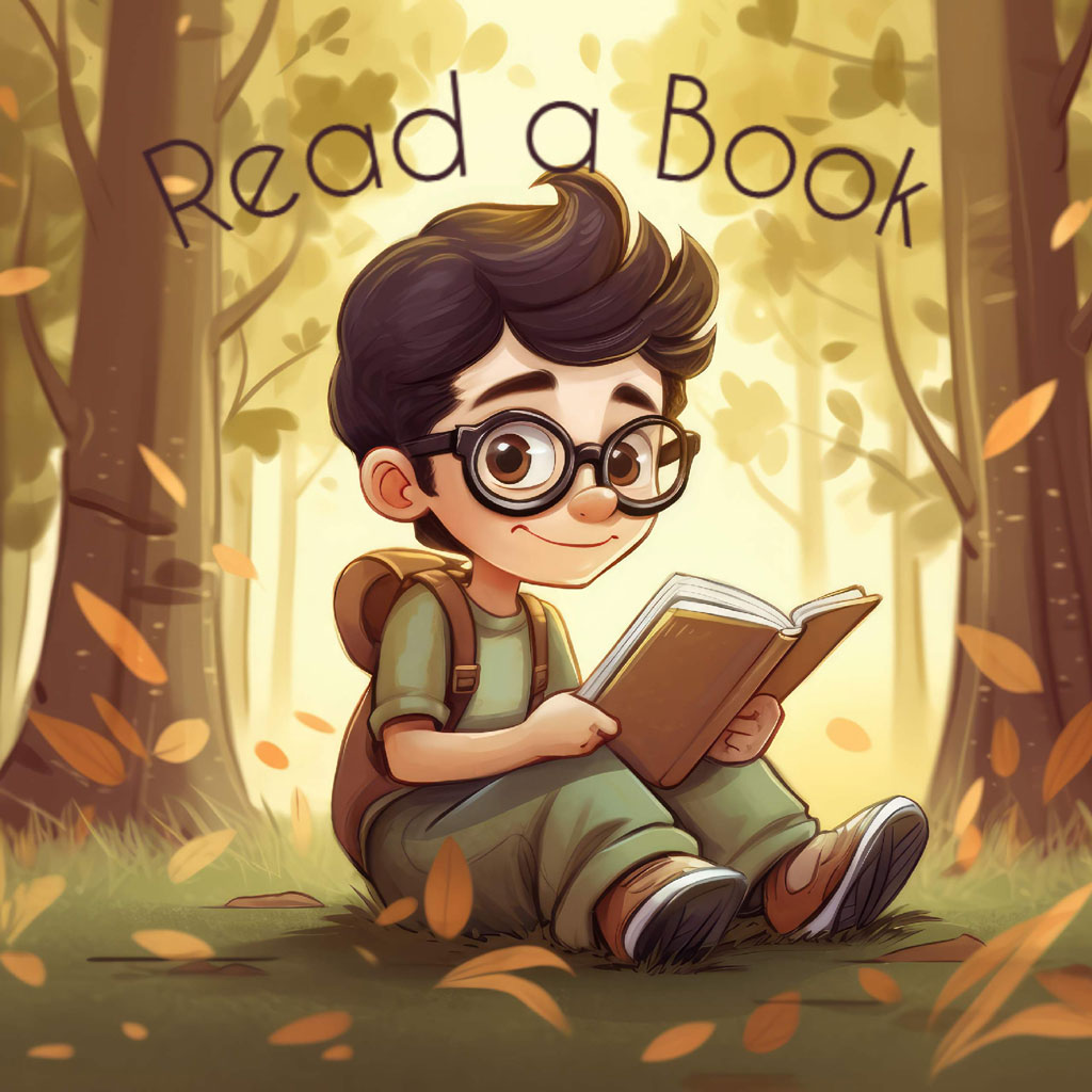 A cartoon boy with glasses and a backpack reading a book in a forest surrounded by autumn leaves