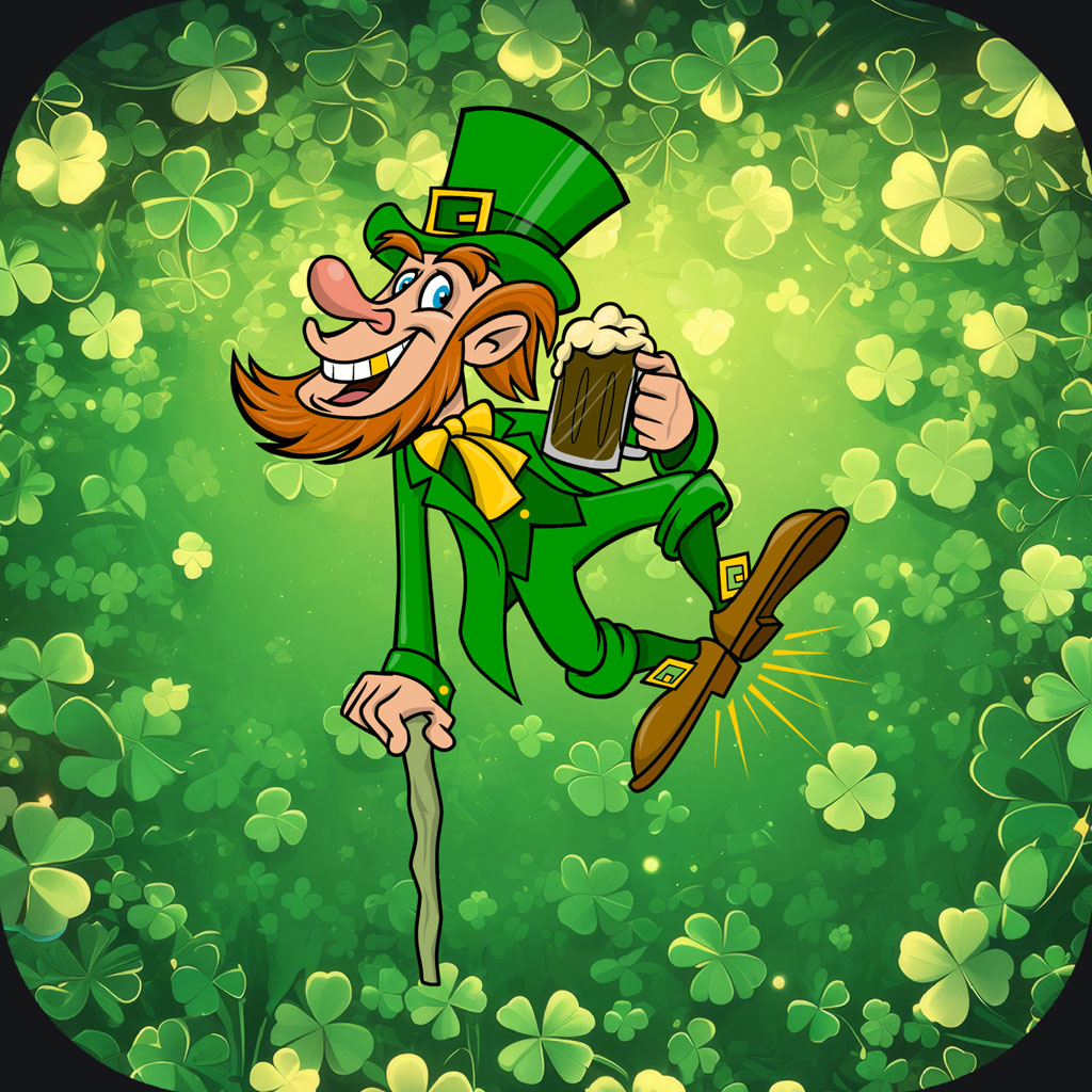 Cartoon leprechaun with a beer and cane, surrounded by shamrocks