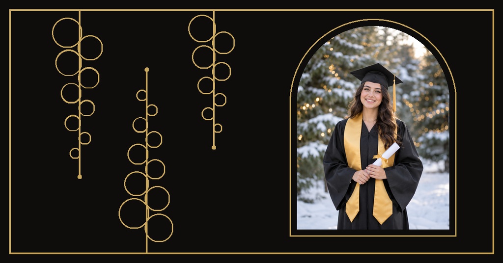 Black and gold graduation cover with decorative circles and a framed photo of a smiling graduate.