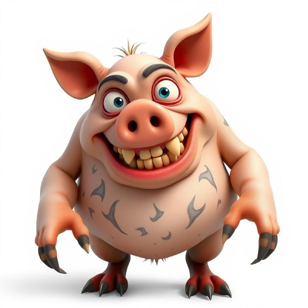 A cartoon pig with large eyes and sharp claws standing on its hind legs.