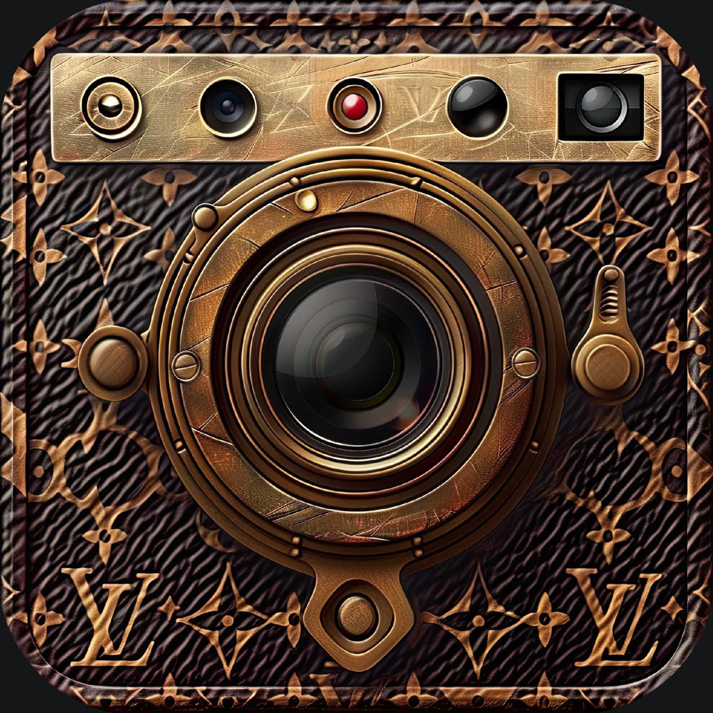 A luxury camera with a Louis Vuitton pattern and bronze accents