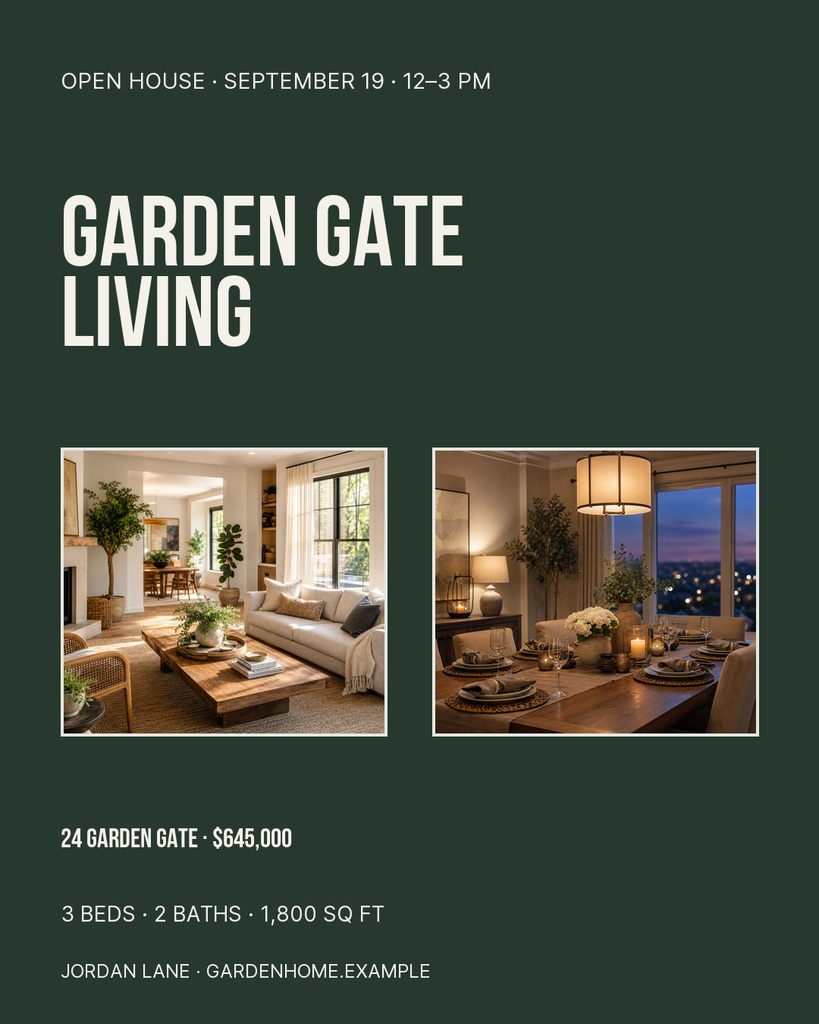 Real estate portrait post with open house details, two home interior photos, and property listing text.