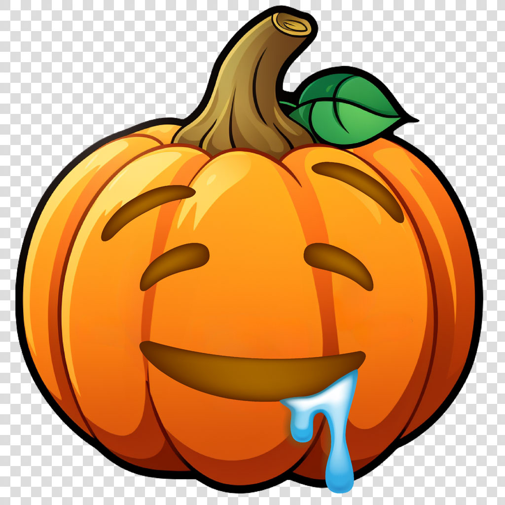 A cartoon pumpkin with a carved smiling face and a green leaf on top, crying a blue tear.