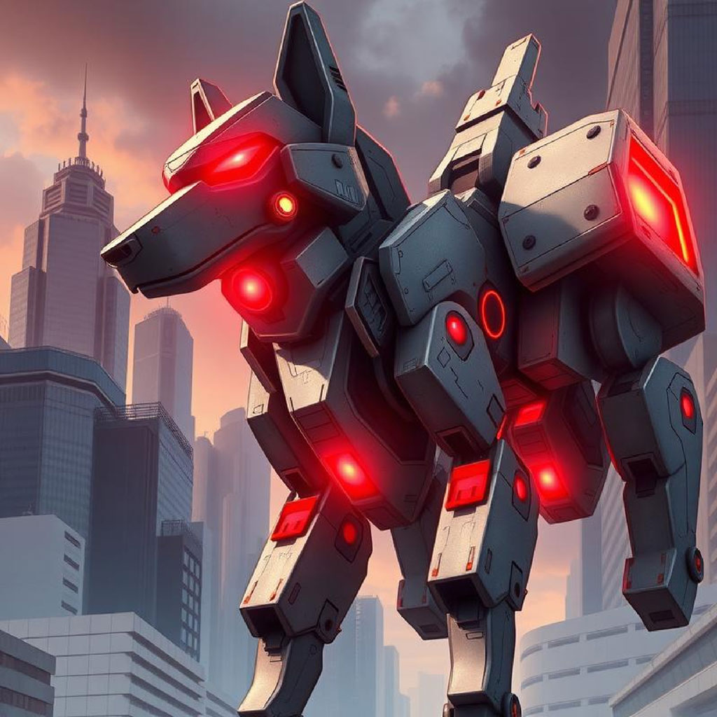 A large robot with glowing red parts standing in a city with tall buildings