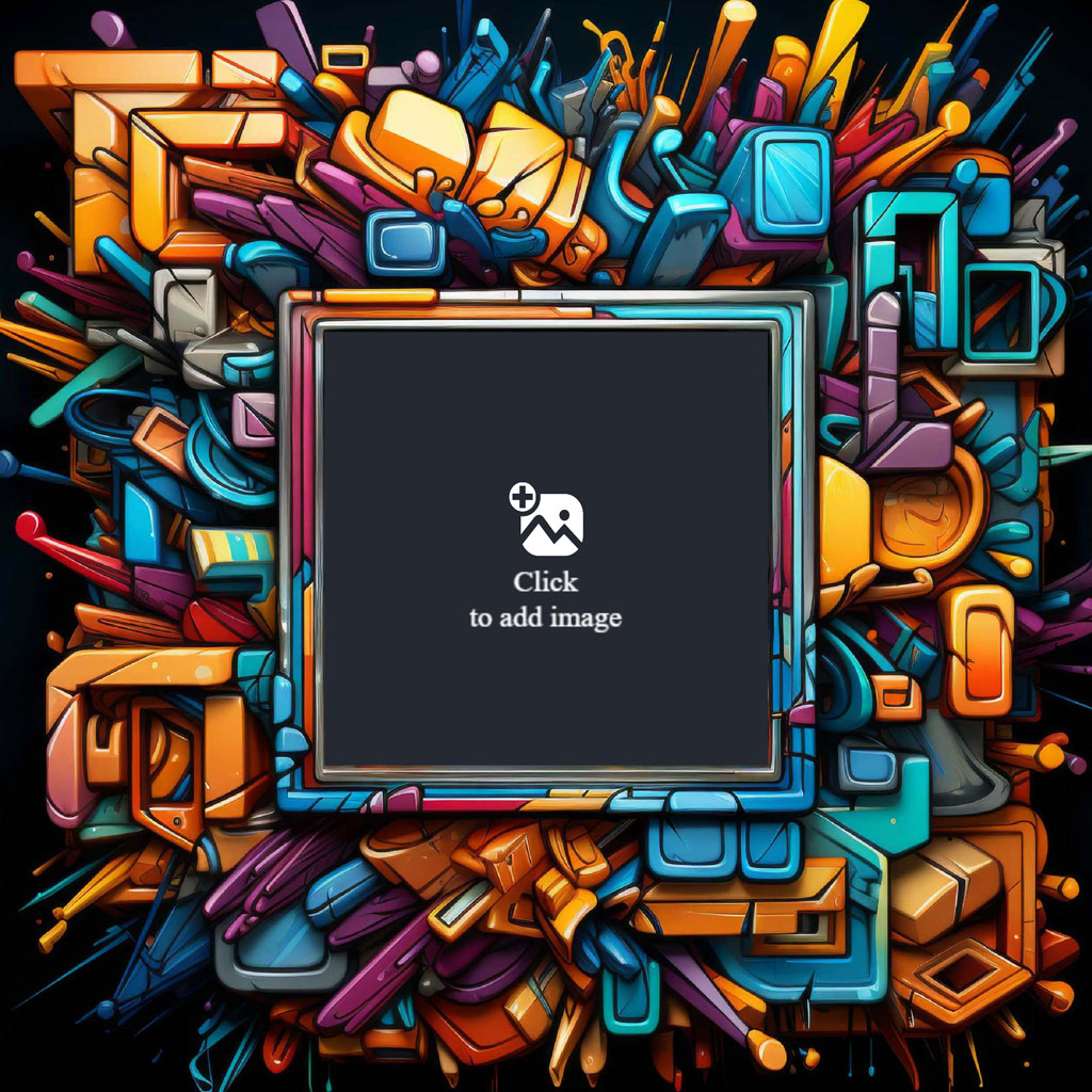 A central black frame with a multicolored border, surrounded by various abstract tech and design elements.