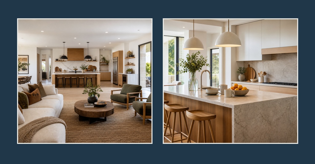 Two modern interior photos of a bright living room and kitchen in a landscape layout.
