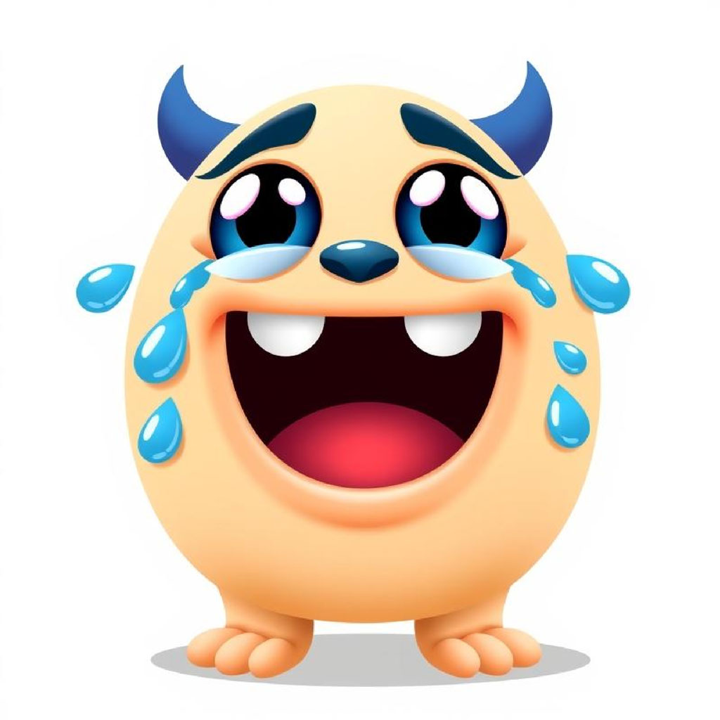 A yellow cartoon monster with blue horns and tears