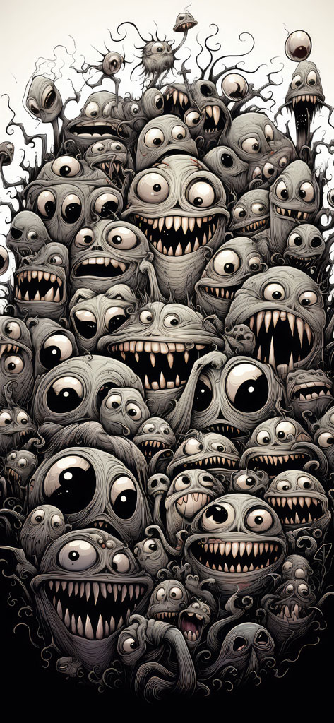 A black and white illustration of numerous grotesque monsters with large eyes and teeth.