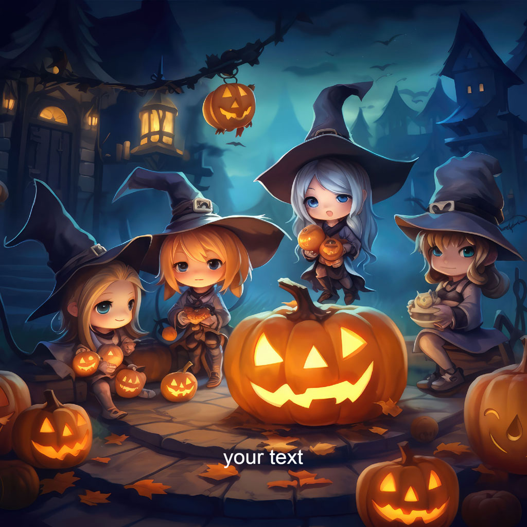 Four cartoon witches with pumpkins in a haunted house setting