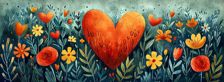 A large orange heart in a field of orange and yellow flowers