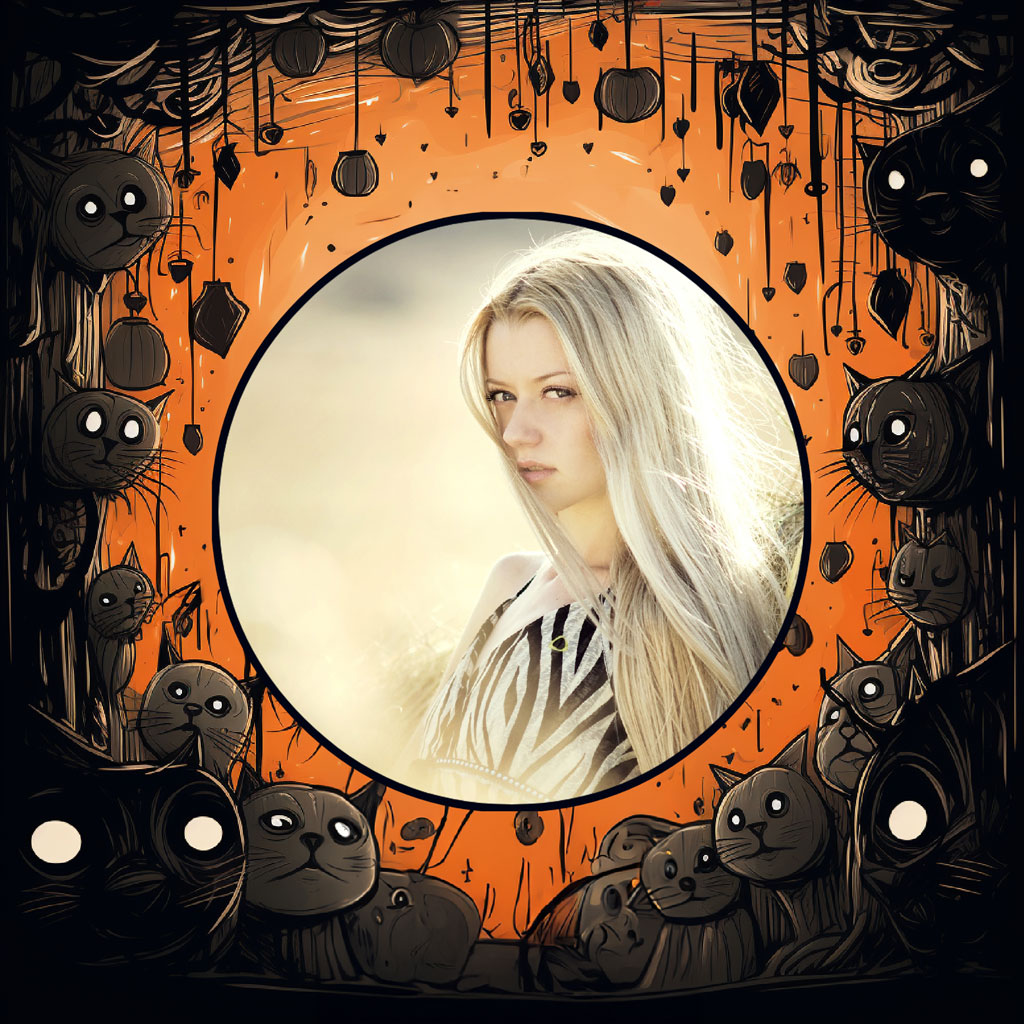 A blonde woman surrounded by black cat illustrations