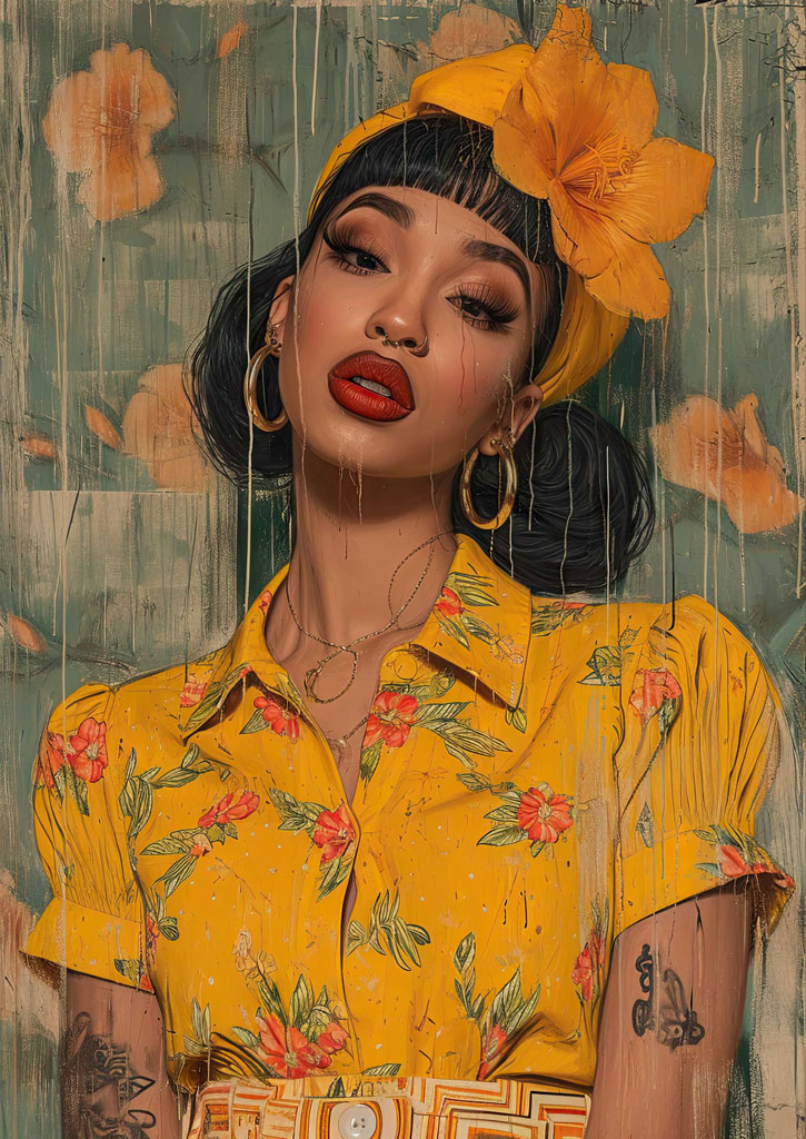 Woman in yellow floral shirt and headband with red lipstick and gold hoop earrings