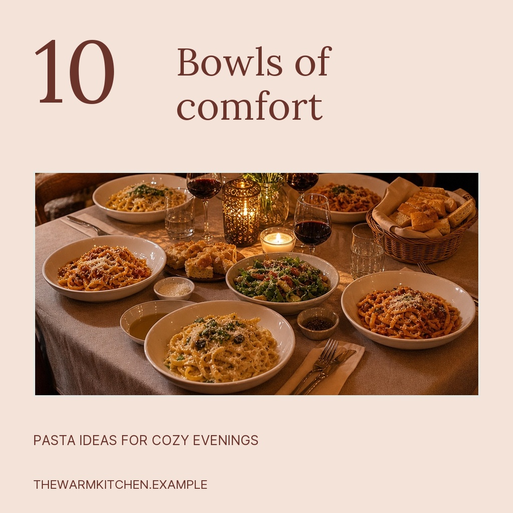 Square post template with the words Ten Bowls of Comfort above a pasta dinner table photo.