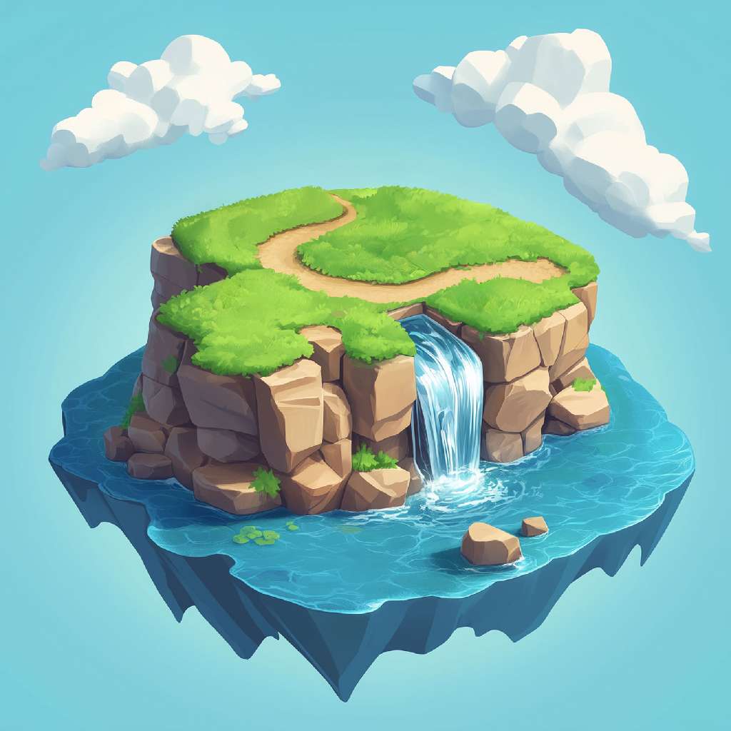 A cartoon-style illustration of a floating island with a waterfall and greenery.